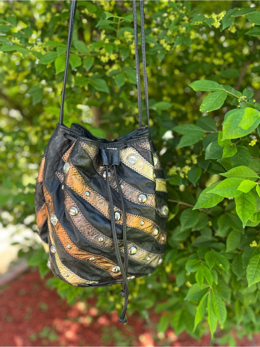 Bags by Pinky Metallic Rhinestones, Leather Drawstring Hobo Bucket Bag